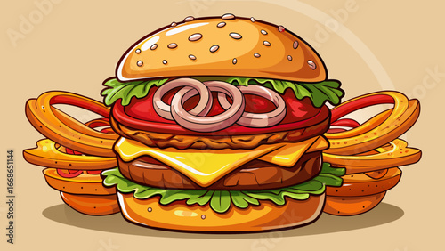 Cheeseburger with crispy bacon slices and red onion rings between sesame bun. Melting cheese over juicy beef patty. Appetizing, delicious fast food for lunch or dinner, takeaway meal