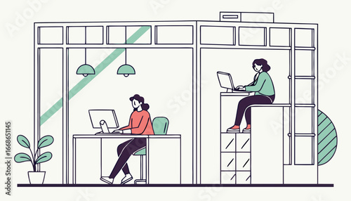 mini Workers sitting on the desk in office. Employees work in open workspace, comfortable coworking. Corporate business space with creative interior, modern equipment, computers. Flat vector illustrat