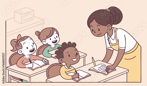 mini alot of Happy childrens  sit at desks in classroom. Young teacher helps, assist kids with learning in school class. mini Students study, reading, writing, fun and talk during lesson. Flat vector 