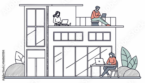 mini Workers sitting on the desk in office. Employees work in open workspace, comfortable coworking. Corporate business space with creative interior, modern equipment, computers. Flat vector illustrat