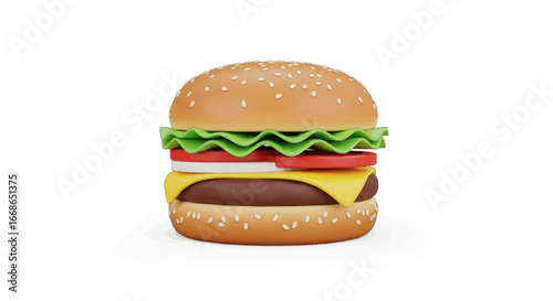 A Deliciously Crafted Hamburger with Sesame Seed Bun, Fresh Lettuce, Juicy Tomato, Cheese, and a Thick Patty, Presented Against a Clean White Background