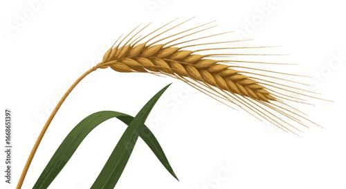 Golden Wheat Stalk with Green Leaves Isolated on White.