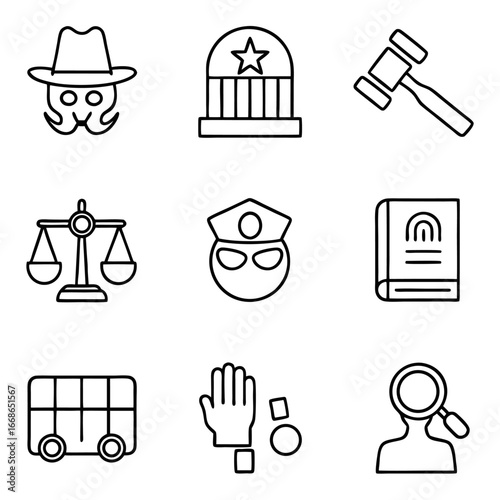 Law and justice icons, showcasing legal symbols, law enforcement, and judicial processes in a minimalist style