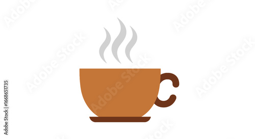 Minimalist flat vector icon of a steaming brown cup on a saucer representing a hot coffee or tea beverage