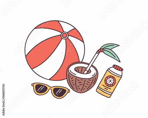 Summer beach vacation illustration featuring beach ball coconut drink sunscreen and sunglasses for a relaxing holiday getaway