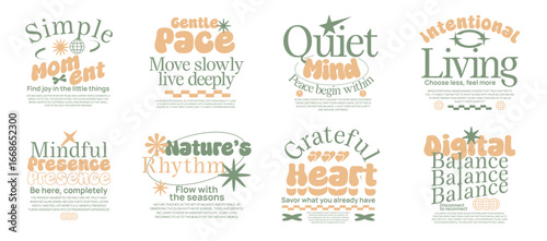 Mindfulness and wellness typography collection, Slow living t-shirt design bundle, Nature-inspired graphic illustration, Slow living poster graphic set