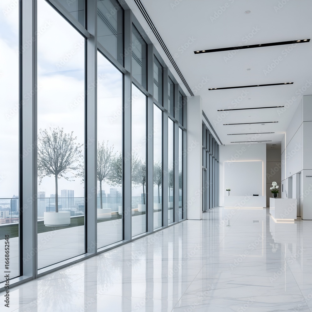 Fototapeta premium Modern office corridor with large windows and reflective floor