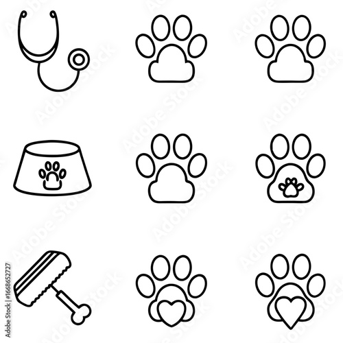 Veterinary and pet care icons featuring paw prints, stethoscope, food bowl, grooming brush, and heart symbols in outline style