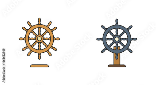 Illustration of two ship helm steering wheels in different colors and styles