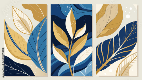 Three abstract paintings featuring gold and blue leaves, showcasing a blend of colors and organic shapes..eps