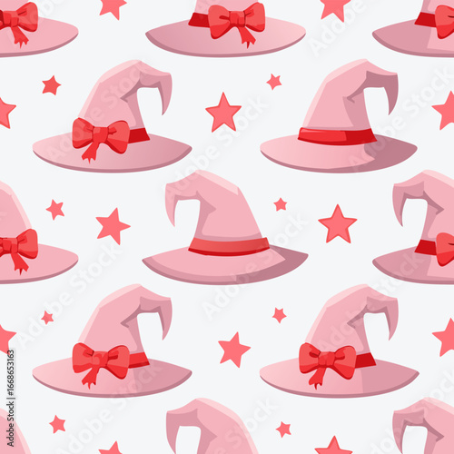 Seamless vector pattern with hand drawn witch hat with red bow. Pink magic cap background. Coquette halloween texture for wallpaper, wrapping paper, textile