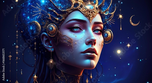 Woman portrait with celestial crown and cosmic background