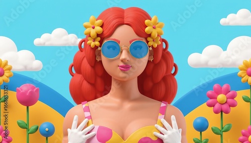 Woman red hair summer flowers sunglasses