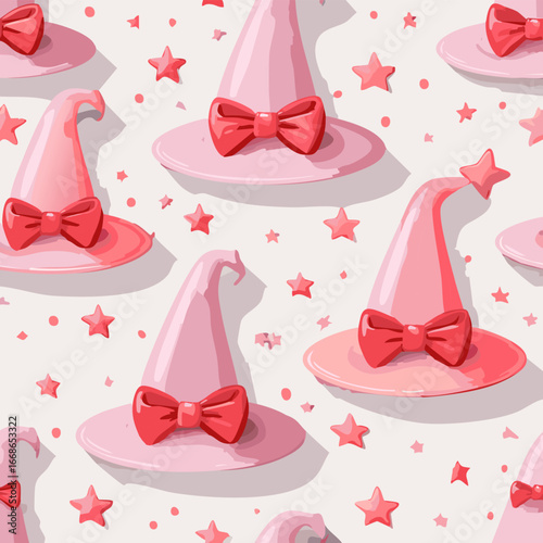 Seamless vector pattern with hand drawn witch hat with red bow. Pink magic cap background. Coquette halloween texture for wallpaper, wrapping paper, textile