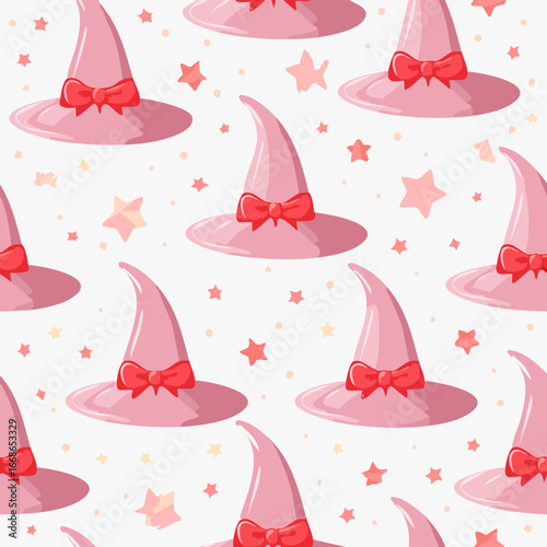 Seamless vector pattern with hand drawn witch hat with red bow. Pink magic cap background. Coquette halloween texture for wallpaper, wrapping paper, textile