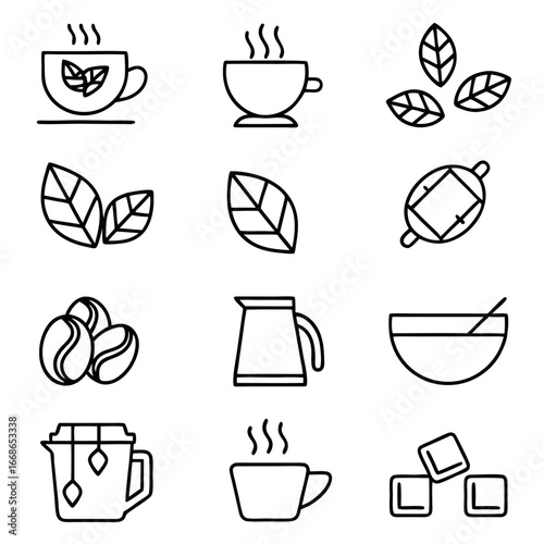 Tea and coffee icon set with cups, leaves, and beans