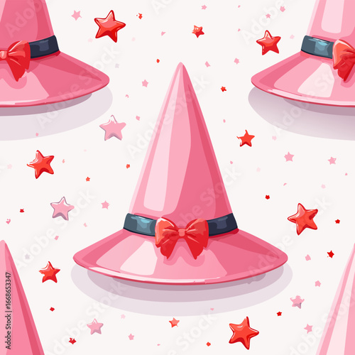 Seamless vector pattern with hand drawn witch hat with red bow. Pink magic cap background. Coquette halloween texture for wallpaper, wrapping paper, textile