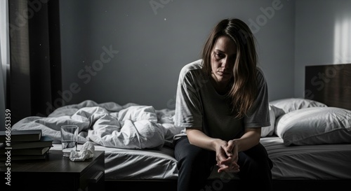 Depressed woman sitting on bed, bedroom, books and glass on nightstand,  depiction of sadness