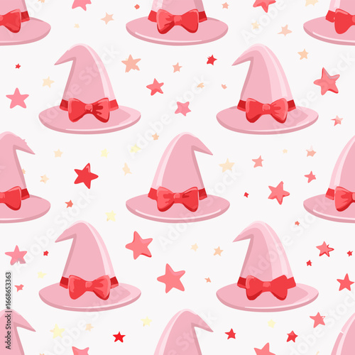 Seamless vector pattern with hand drawn witch hat with red bow. Pink magic cap background. Coquette halloween texture for wallpaper, wrapping paper, textile
