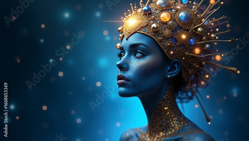 Woman portrait with ornate headpiece and cosmic background