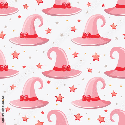 Seamless vector pattern with hand drawn witch hat with red bow. Pink magic cap background. Coquette halloween texture for wallpaper, wrapping paper, textile