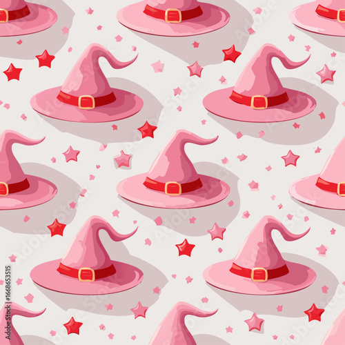 Seamless vector pattern with hand drawn witch hat with red bow. Pink magic cap background. Coquette halloween texture for wallpaper, wrapping paper, textile