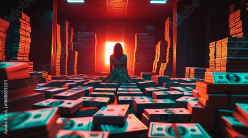 Woman surrounded by stacks of money