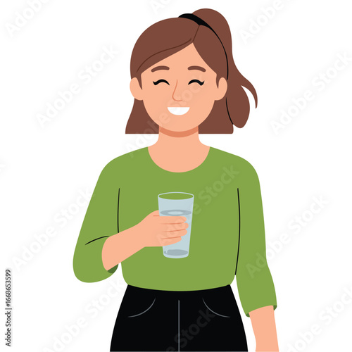 Woman promoting hydration by holding a glass of water flat vector illustration isolated on white background
