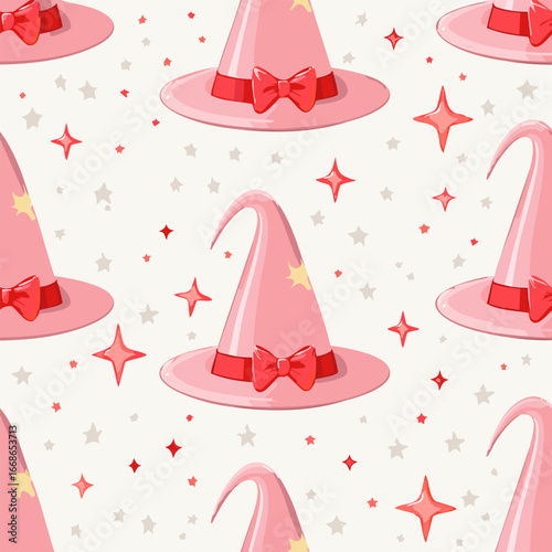 Seamless vector pattern with hand drawn witch hat with red bow. Pink magic cap background. Coquette halloween texture for wallpaper, wrapping paper, textile
