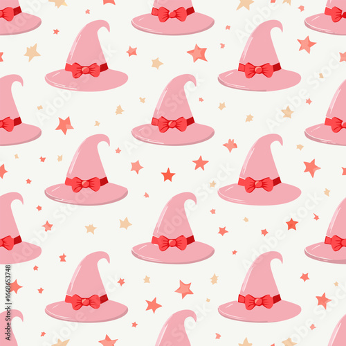 Seamless vector pattern with hand drawn witch hat with red bow. Pink magic cap background. Coquette halloween texture for wallpaper, wrapping paper, textile