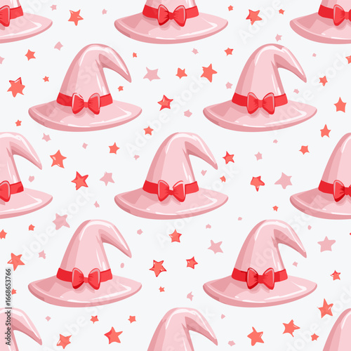 Seamless vector pattern with hand drawn witch hat with red bow. Pink magic cap background. Coquette halloween texture for wallpaper, wrapping paper, textile