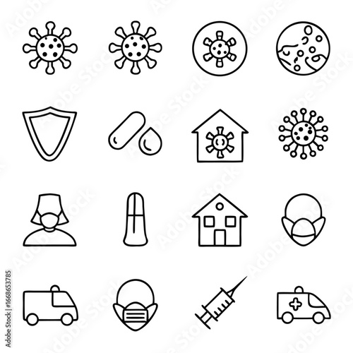 Set of linear icons related to coronavirus includes virus, protection, medicine, doctor, ambulance, and more