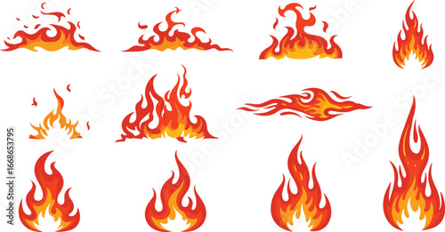 Bright fiery flame illustrations, burning fire icons, blazing fire graphics, vector fire elements, fire clipart for design and branding