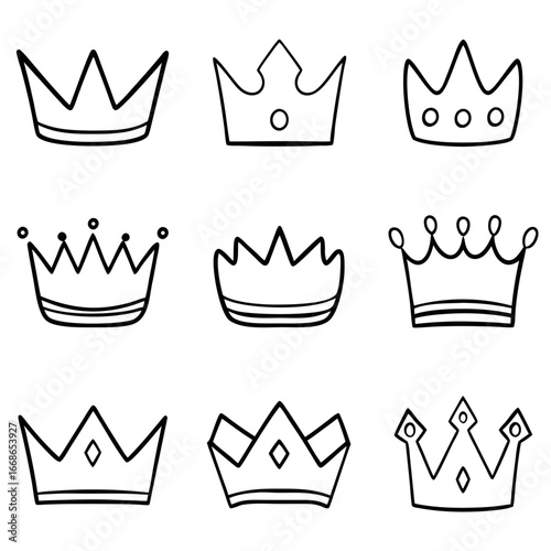 Collection of handdrawn crown illustrations, ideal for royalty, leadership, and vintagethemed design projects