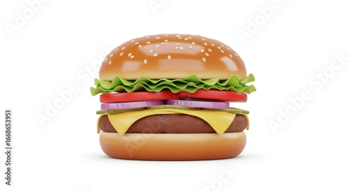 Delicious Burger with Fresh Ingredients on White Background