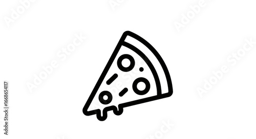 A stylized black and white icon representing a single slice of hot, cheesy pizza, perfect for various digital and print media applications