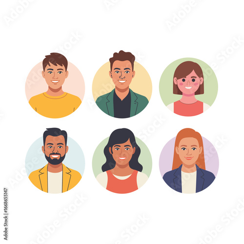 Collection of diverse business people avatars, professional profile icons, smiling faces, teamwork concept, social media portraits, corporate communication, flat design character illustration.