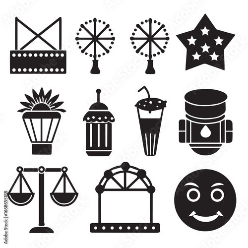 Collection of black and white silhouette icons representing amusement park attractions and symbols including ferris wheels a star and a smiley face