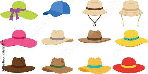 Collection of various stylish hats, summer hats, cowboy hats, wide brim hats, bucket hats, fashion accessories, outdoor wear