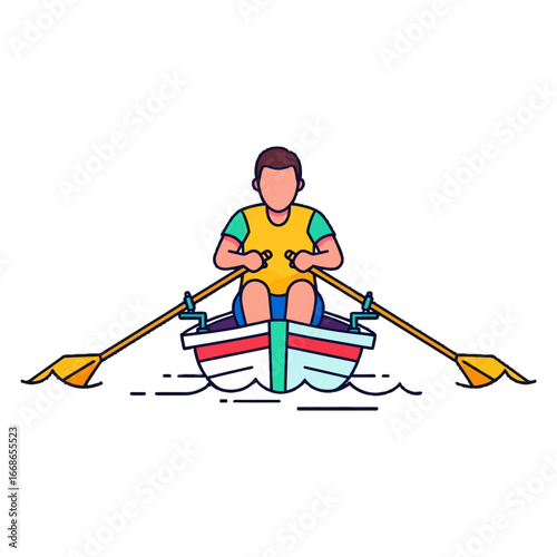Illustration of a person rowing a boat on the water with oars, a sport activity.