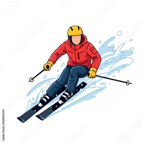 A person skiing down a snowy slope, kicking up snow with their skis and poles.