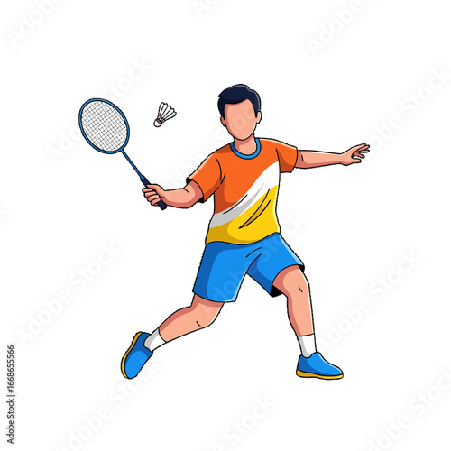 A male badminton player in action, striking the shuttlecock with his racket.