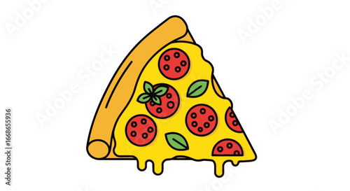 Cartoon Illustration of a Delicious Slice of Pizza with Pepperoni and Fresh Basil on a White Background