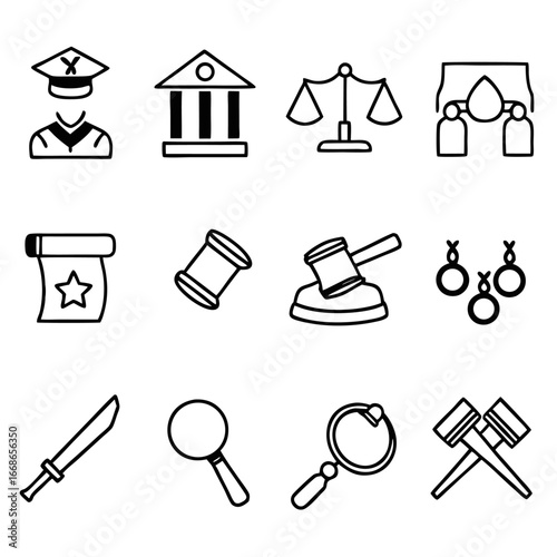Legal and judicial icons a collection of law, court, and justice symbols in simple line art