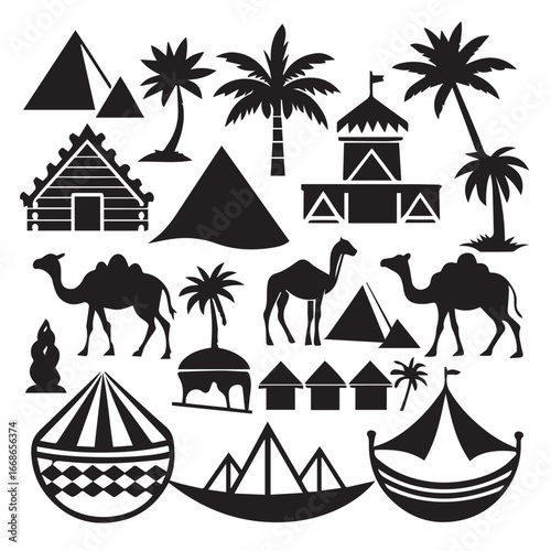 Collection of black silhouette icons featuring egyptian pyramids palm trees camels and desert tents for travel and cultural themes