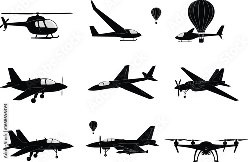 Aircraft vector set with airplane, helicopter, drone, hot air balloon, fighter jet, glider, aviation icons, flying transport silhouettes