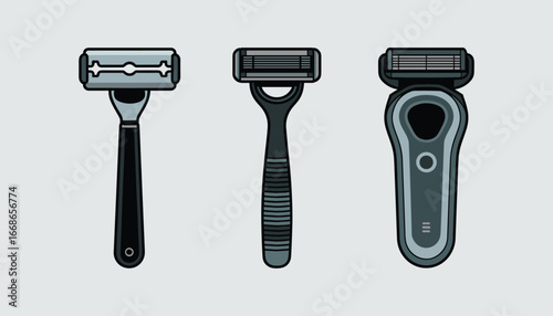 Collection of shaving razors illustration set, classic safety razor, disposable blade shaver, modern electric grooming tool icons, barbershop equipment vector design artwork.