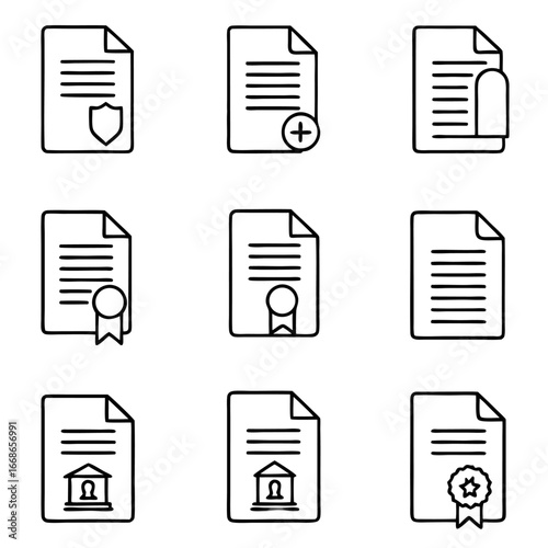 Set of document icons, featuring security, buildings, and certificates, in a clean and modern line art style