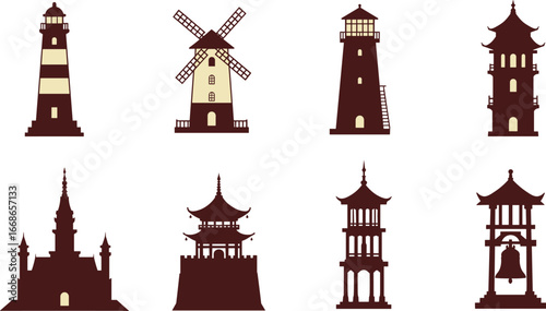 Tower silhouette vector set, lighthouse, windmill, pagoda, watchtower, bell tower, historical architecture, Asian temple, landmark icons
