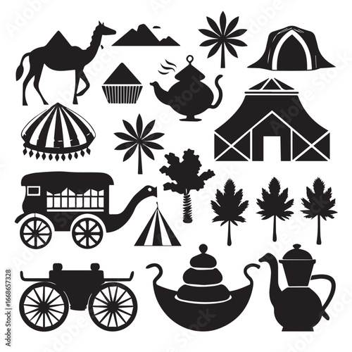 Collection of black silhouettes representing desert life including camels tents teapots and traditional transportation elements